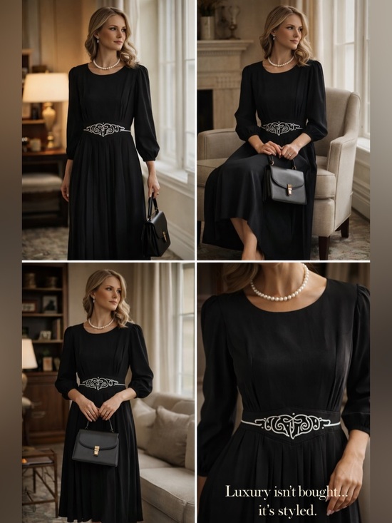 SL Fashions Dresses & Skirts - SL Fashions Black Long-Sleeve Midi Dress with Ornate Waist Accent